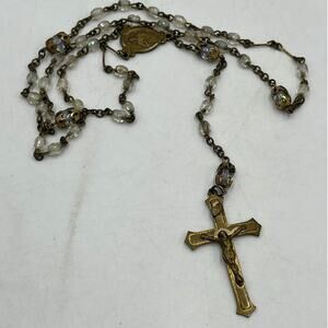 Vintage Brass Faceted Clear Glass Beads Crucifix Catholic Rosary Necklace‎
